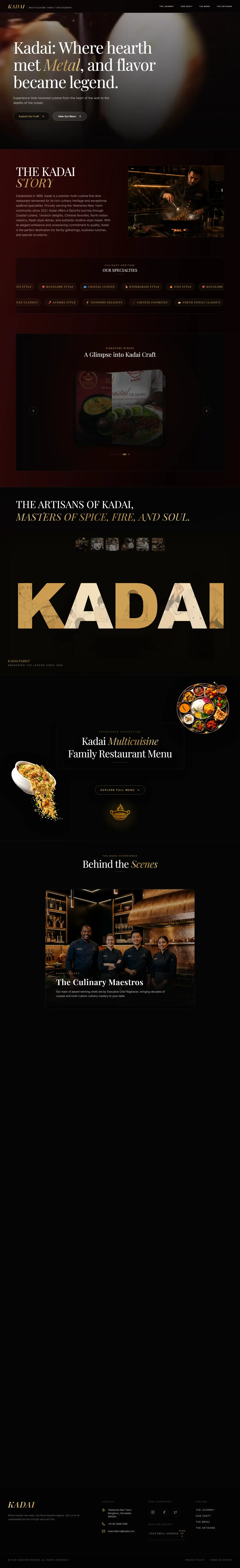 Kadai homepage — Premier multi-cuisine fine dine identity & digital hearth. Deep culinary heritage, signature coastal specials, and an interactive menu reveal.