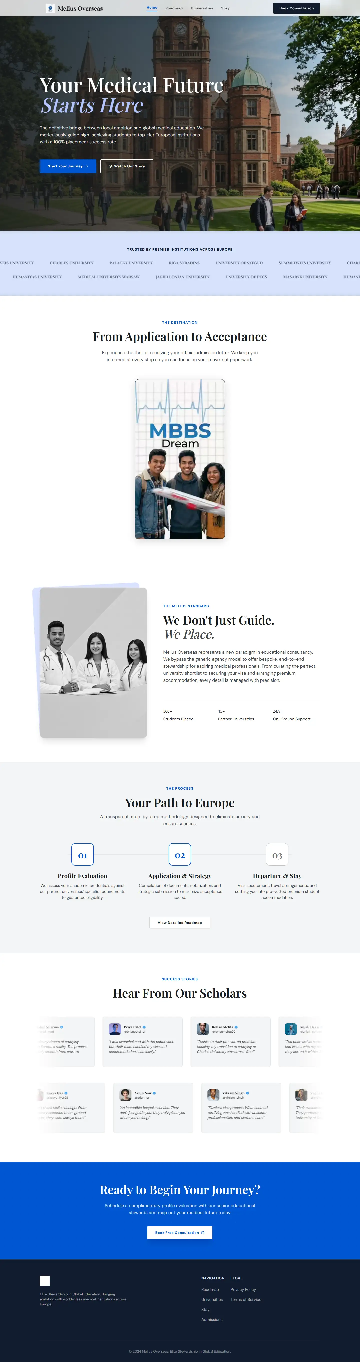 Melius Overseas homepage — Medical placement across European universities. A three-step process made legible, with partner marquees and an admission-letter reveal.