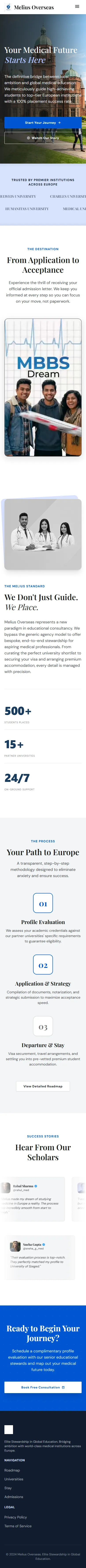 Melius Overseas on mobile, showing the responsive layout